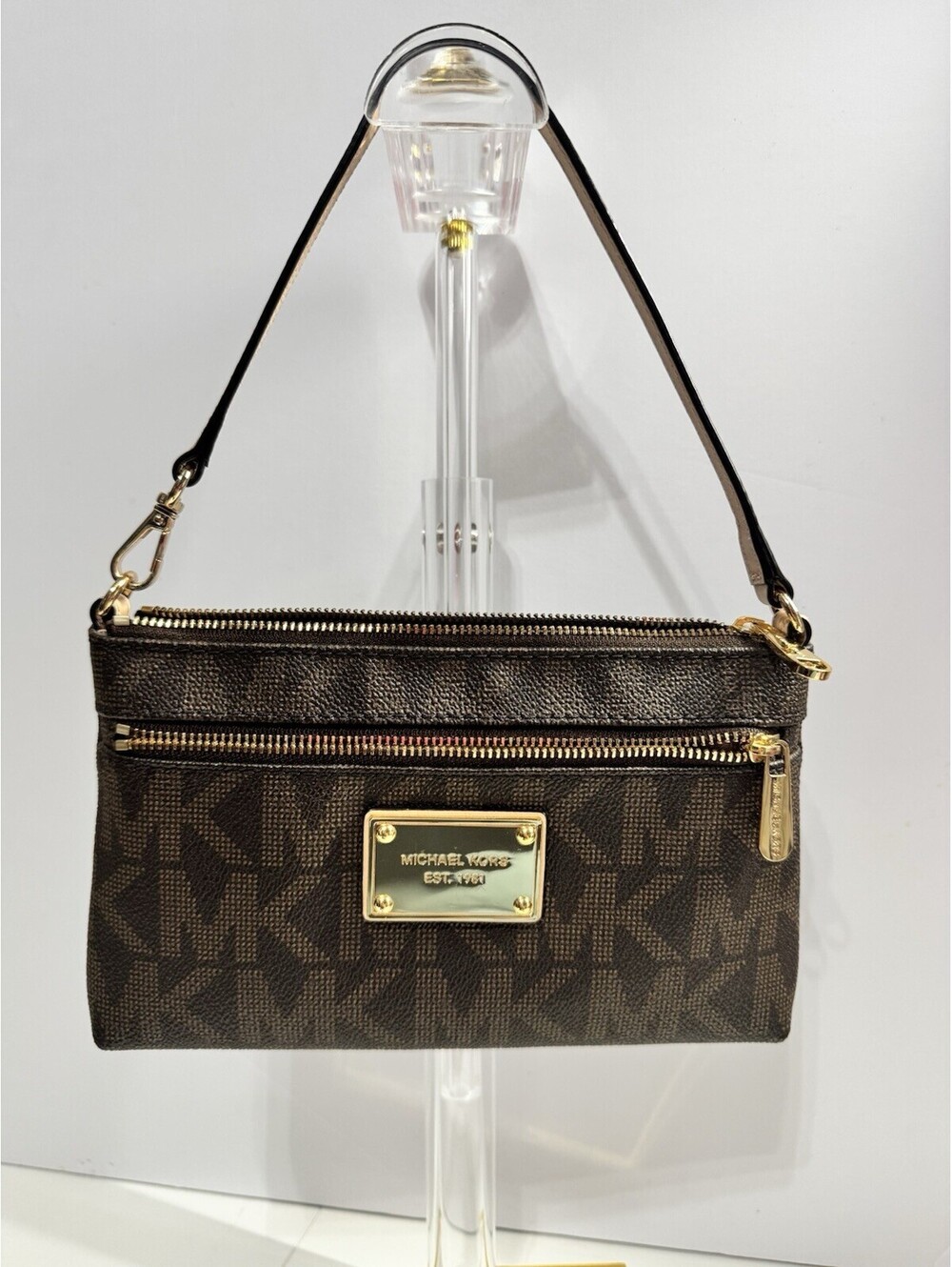 Michael Kors Women's Brown/Gold Jet Set Signature Convertible Clutch Wristlet